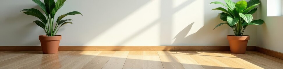 Fototapeta premium Potted plant slides on laminate floor near baseboard, empty room, plant, sliding plant