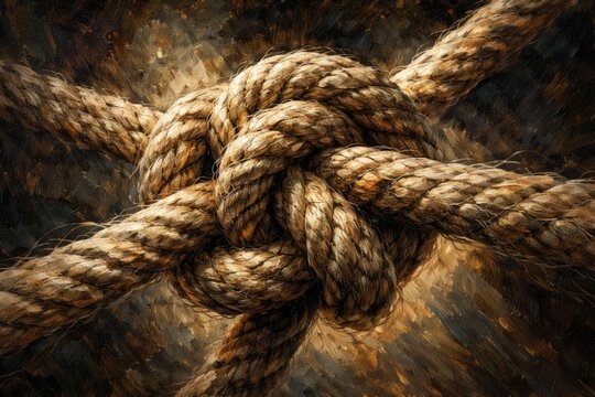 Intricately tied rope knot captured in an expressive oil painting style