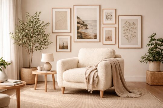 Comfortable cream armchair placed in airy Scandinavian living space adorned with gallery of wall posters on beige surface