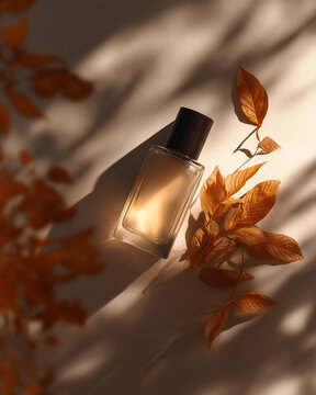Cosmetic bottle with autumn leaves and shadows, luxury skincare concept