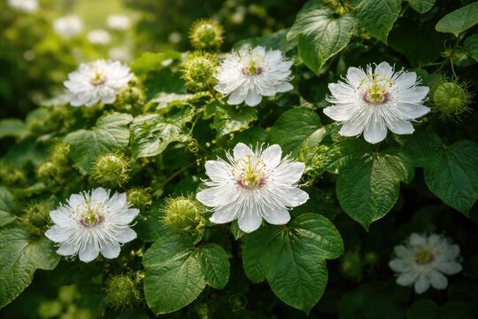 Garden scene with fully bloomed white Passiflora foetida flowers and vibrant green leaves