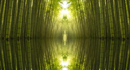 Fototapeta premium Serene bamboo forest reflected in water under bright sunlight with lush green foliage