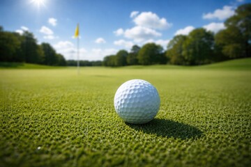 Obraz premium Golf ball on smooth green turf with sunny blue sky overhead