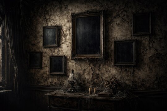 creepy haunted house interior with black frames on cracked old wall