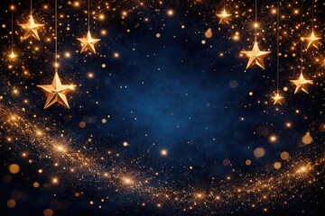 Fototapeta premium Dark blue abstract background decorated with shiny gold stars and glowing festive particles