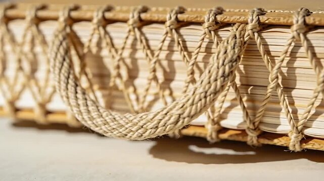 Camera panning right to reveal handmade book spine with braided twine and deckled edges on tabletop