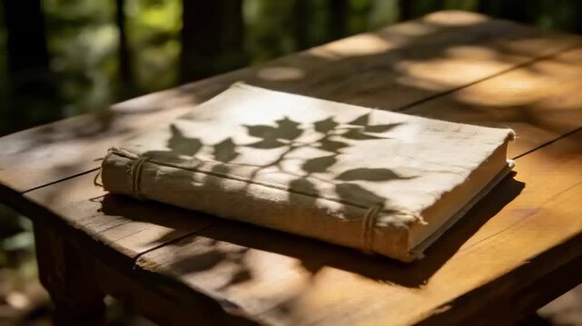 Shifting sunlight through trees casting leaf patterns on rope-bound journal on deck, blurred trunks
