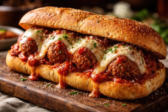 Hearty meatball sub loaded with marinara sauce and melted cheese