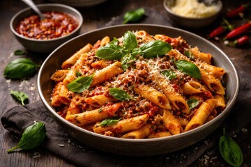 Fototapeta premium Hearty penne pasta meal featuring fresh basil, grated cheese, and a side of chili sauce on a dark rustic table
