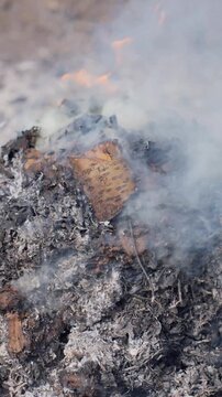 Smoldering Ash Pile With Smoke Rising Over Charred Bark And Wood, Faint Orange Flames Licking Through Gray Cinders And Cooling Embers, Closeup Texture Of Soot And Ash Creating Gritty, Smoky Atmosphere