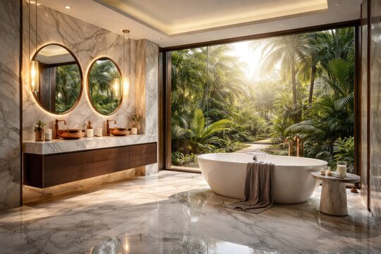 High end bathroom featuring marble floors and copper accents with tropical garden outlook