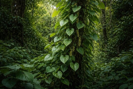 Dense countryside vegetation featuring wild Dioscorea Esculenta climbing with healthy leaves