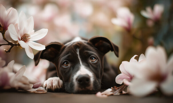 cute light brown puppy lying on the table under a blooming magnolia tree, close-up portrait, copy space for text, stock photo, photo-realistic, hyper-realistic, high-resolution photography