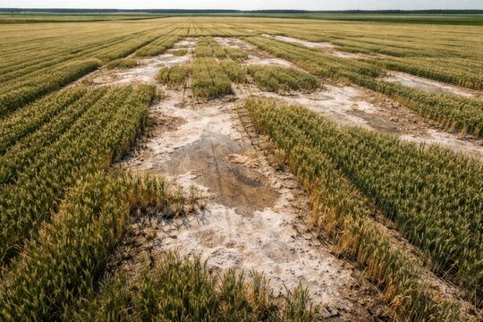 Farmland aerial imagery highlighting wheat stress due to saline soil impact