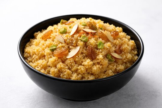 Freshly made Suji halwa in an elegant black bowl over a white background