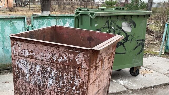 Empty green and brown garbage bins on concrete collection site near residential entrance, spring blossoms in background, worn