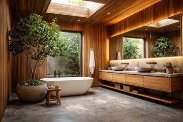 Fototapeta premium Natural wood bathroom design with concrete floor and indoor potted tree accent