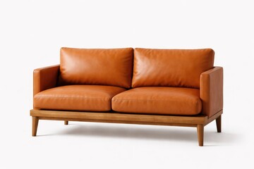 Fototapeta premium Compact orange leather settee featuring wooden base against plain white backdrop