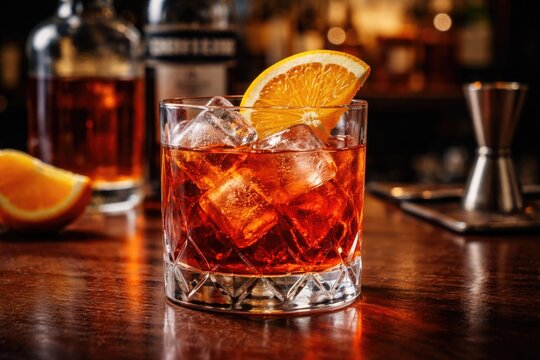 Boulevardier classic whiskey cocktail mixed with vermouth Campari and ice adorned with fresh orange slice