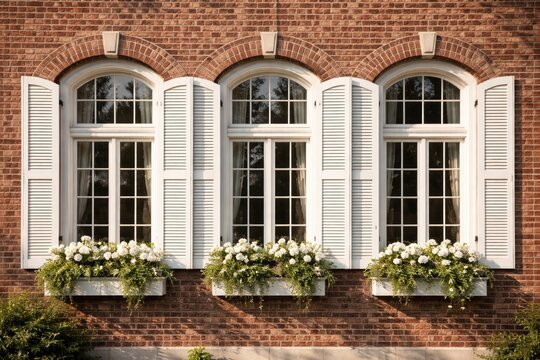 Brick exterior showcasing double hung arched sash windows with white frames and shutters