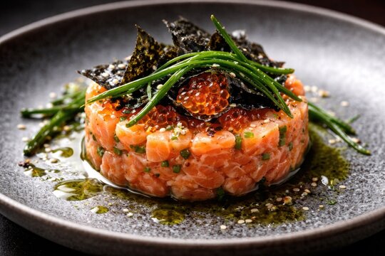 Close-up of salmon tartar featuring nori and glasswort on refined modern dish
