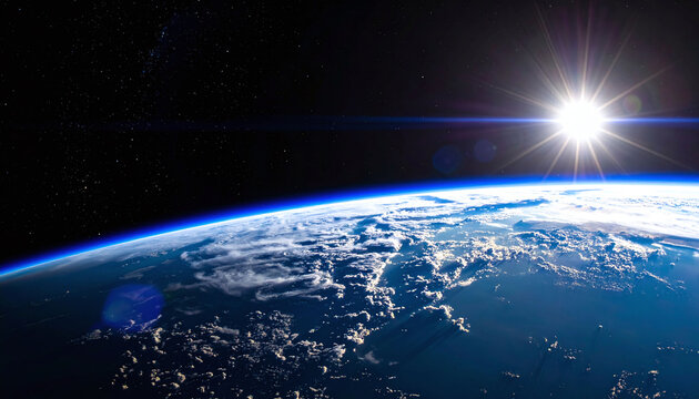 Majestic Earth view from space with a brilliant sun flare and atmospheric glow. A symbolic image of global unity and environmental protection, perfect for science and futuretech designs.