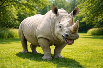 Fototapeta premium Cheerful large white rhinoceros pet on green grass lawn in bright summer full length view
