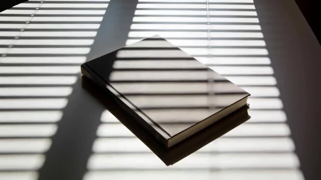 Shifting sunlight moving blind shadows across dark notebook on table near window and lower book