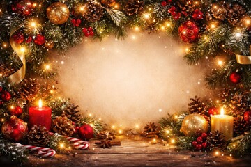 Fototapeta premium Decorative Christmas setup with designated copy space for holiday card design