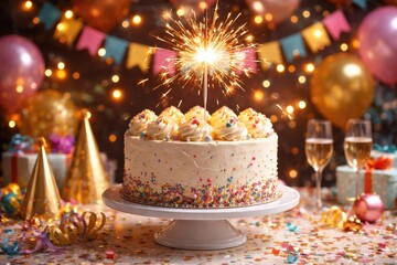 Fototapeta premium Happy celebration cake with dazzling sparkler and decorative backdrop