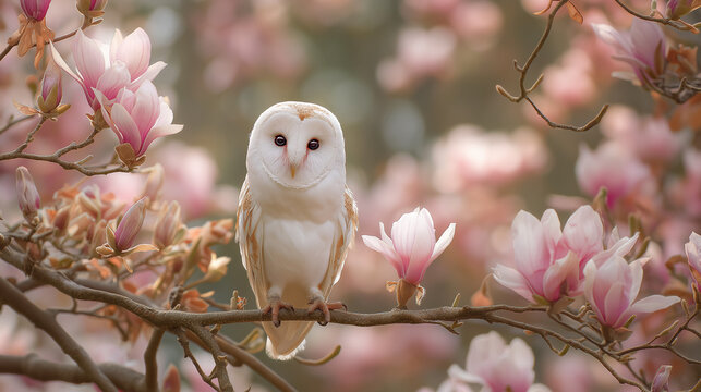 a cute white owl sits on the branch of a blooming white magnolia tree. the soft, pastel colors create a dreamy and romantic atmosphere. the photo-realistic landscape has a pink background with a blurr