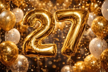 Fototapeta premium Golden foil balloons displaying number 27 for joyful party celebrations