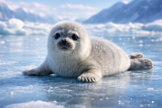 Full length view of a Baikal seal pup on a bright icy lake