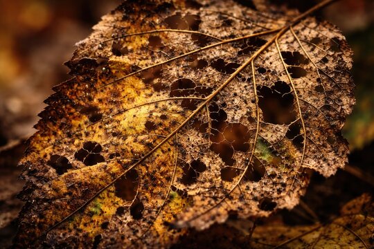 High magnification of a dry leaf suffering from pest damage in fall
