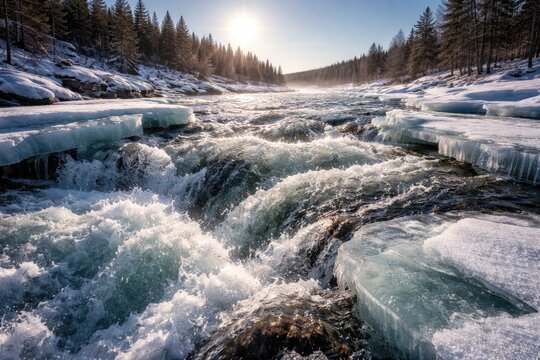 Icy river thawing with strong water flow on a cold sunny day