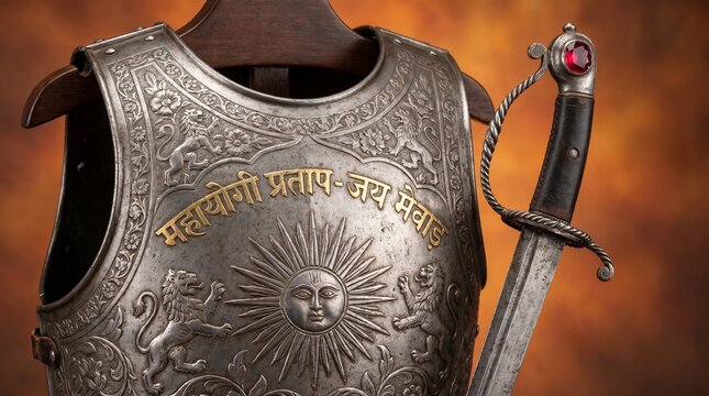Maharana Pratap Jayanti Ornate Indian Rajput Warrior Armor and Sword