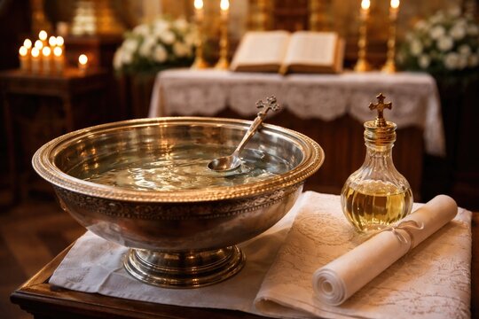 Holy water in a bowl ready for sacrament of baptism and chrism