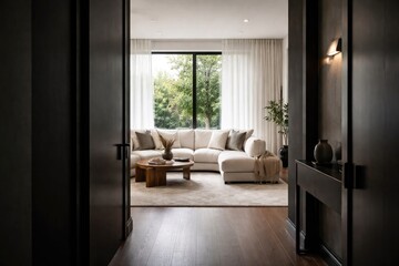 Fototapeta premium Chic white sofa in bright sitting room seen from dark hallway in modern home