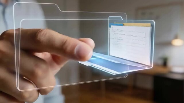 Hand nearing left edge in light shirt opening hologram folder home pinching tabs sorting files