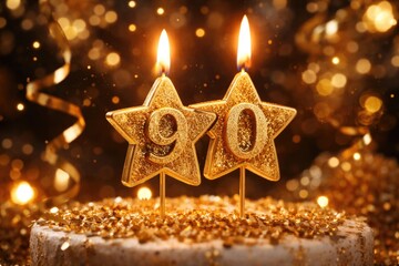 Fototapeta premium Ninety year celebration candle in golden star shape flickering flame with glitter and soft lights