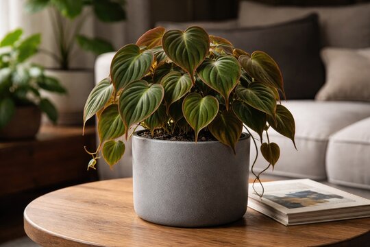 Houseplant Philodendron Hederaceum Micans with heart shaped velvet foliage in gray flower pot placed on a coffee table