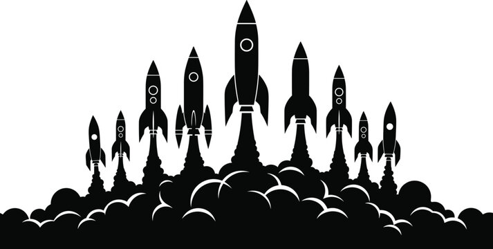 Silhouette of Multiple Rockets Launching into Space with Smoke Clouds in Dramatic Black and White Vector Illustration