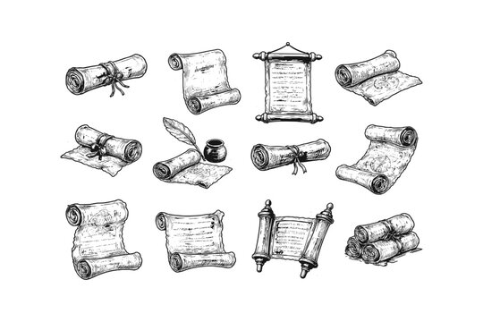 Collection of vintage scrolls and documents with quill and inkwell