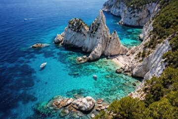 Obraz premium High angle image showcasing pristine white rocks and cliffs encircled by turquoise sea