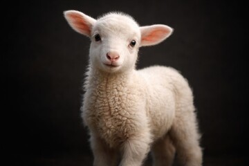 Fototapeta premium Isolated young white lamb posed on dark background with text space