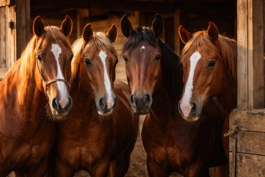 Happy sorrel horses together with brown horse in farm stable