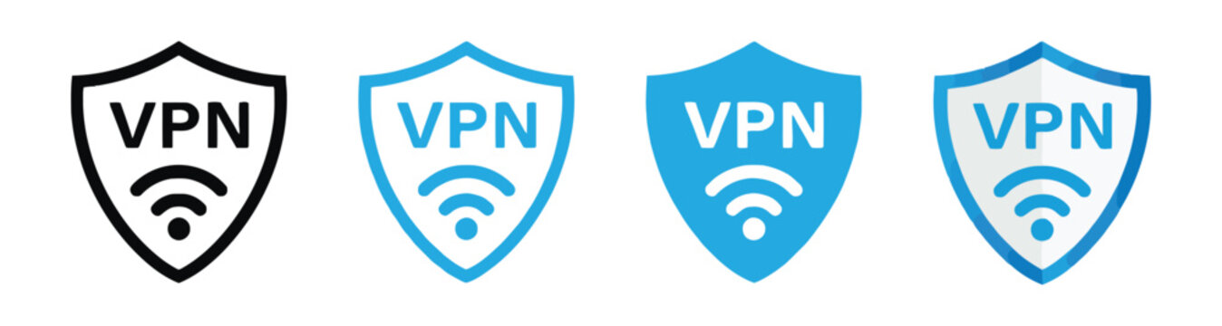 Set of four vpn icons with shield and wifi symbol for network security and privacy.