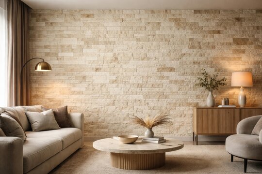 Interior design with modern textured wall composed of cream and beige stacked bricks and tiles