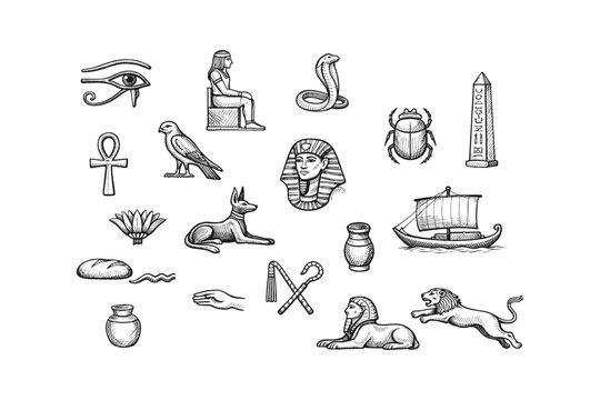 Collection of ancient Egyptian symbols and artifacts in a hand-drawn sketch style