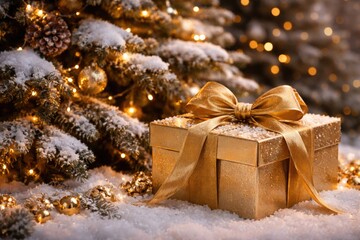 Fototapeta premium Holiday season gold present close to snowy Christmas pine